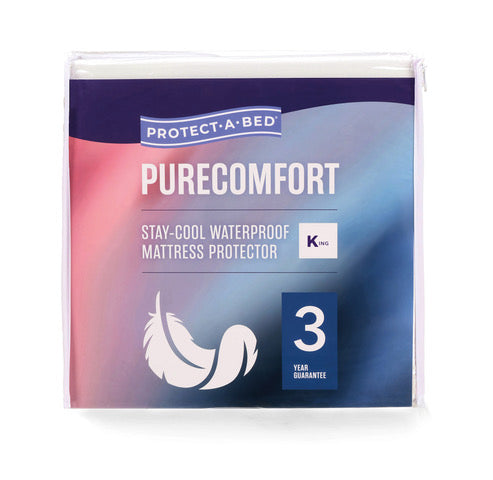 Protect-A-Bed PureComfort matrasbeskermer in deursigtige verpakking vir king-bed, verkoelende en waterdigte matrasbeskermer met 3 jaar waarborg.