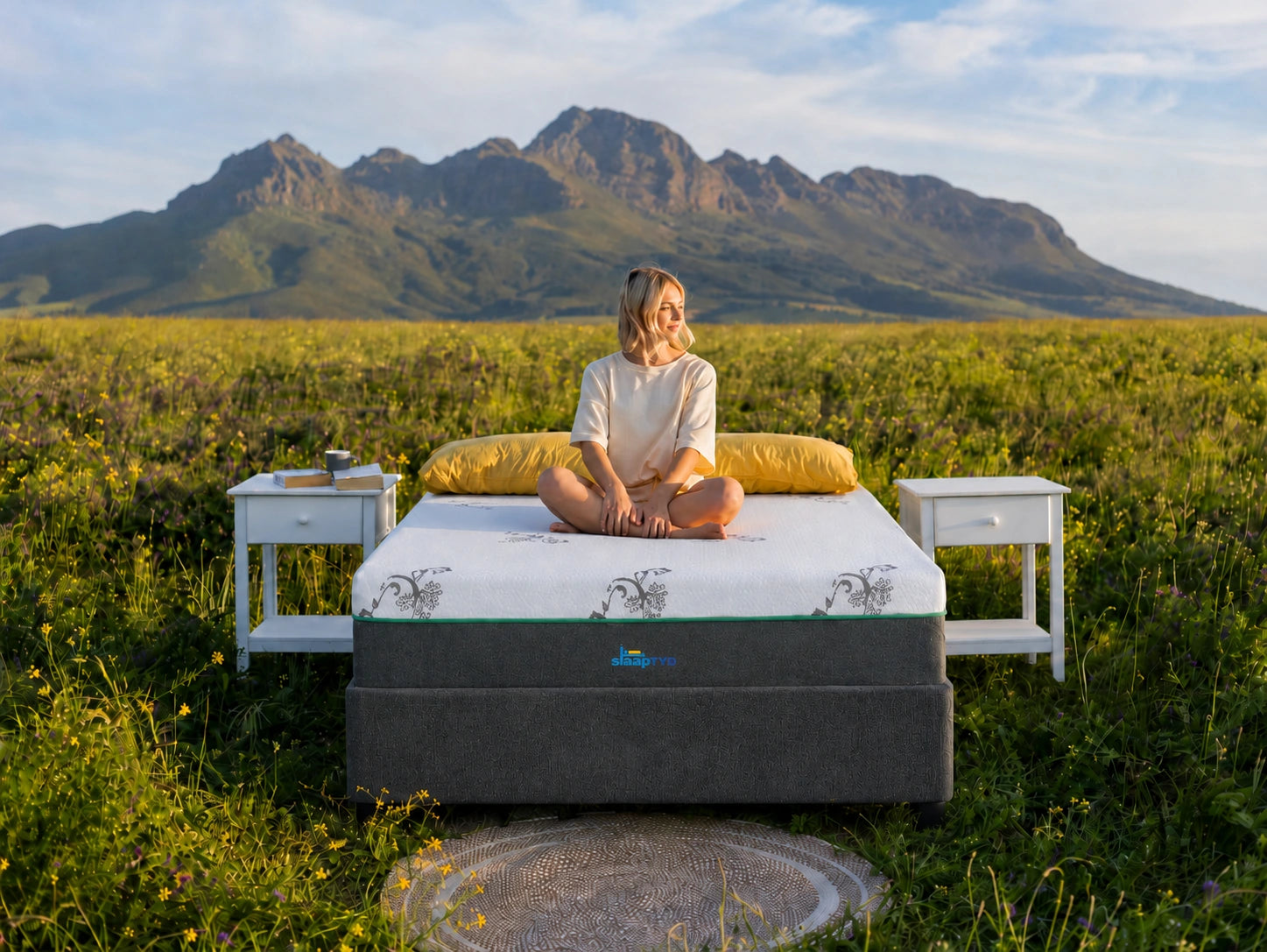 Slaaptyd matras in 'n veld met bergagtergrond in Suid-Afrika