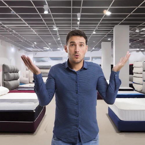 Matras Keuse Oorweldigend? Persoon wat oorweldig lyk deur matras keuses, Klaas van Slaaptyd is hier om te help.